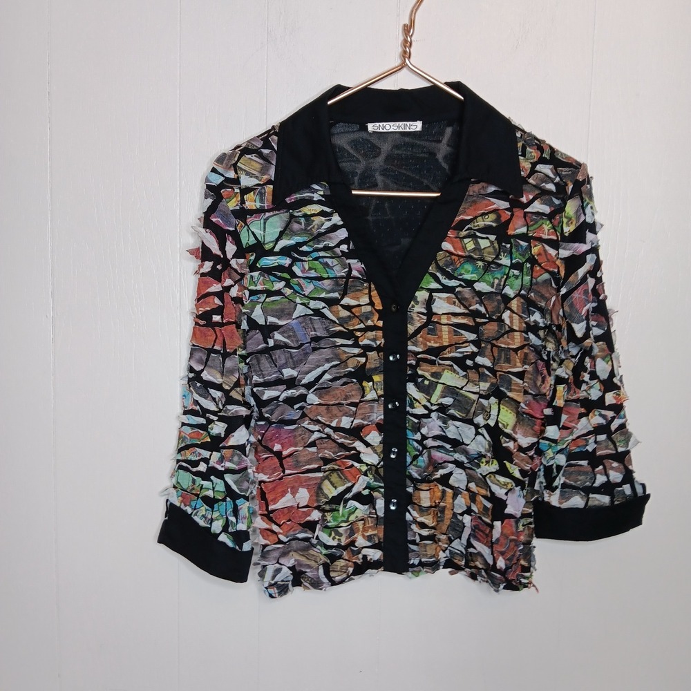 Sno Skins Shirt Womens Size M Multicolor Textured Burnout Button Up Art to Wear